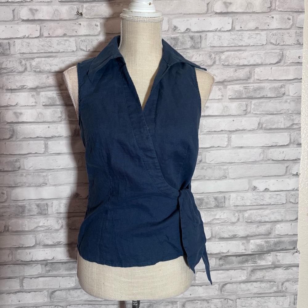 Sunny Leigh Navy Blue Linen Wrap Collared Blouse